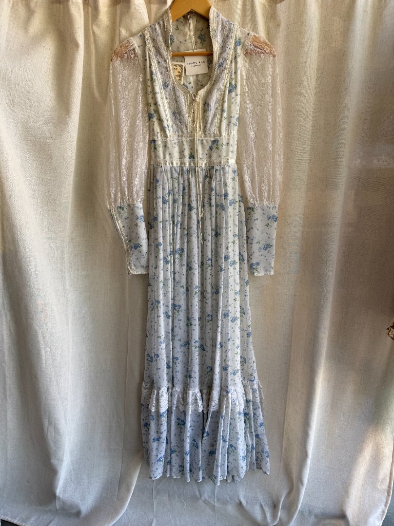 Vintage Gunne Sax Blue Floral Lace Maxi Dress